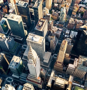 Overhead view of several skyscrapers in New York City.